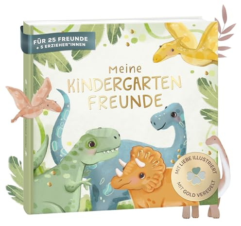 mintkind® Freundebuch Kindergarten Dino 21x21 – 80 Seiten für 25 Freunde | Hardcover mit Goldprägung, Platz für 5 Erzieher, kreative Ausfüllseiten zum Malen, Ankreuzen und Eintragen von Erinnerungen