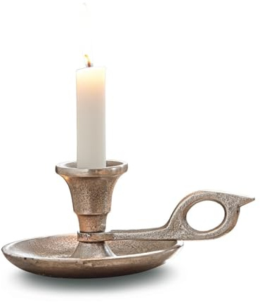Loberon Kerzenständer Aida, antiksilber | mit Tropfschale und Griffring, klassischer Stil, für Stabkerzen, Kerzenhalter, Kerzenleuchter, Aluminiumguss