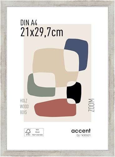 accent by nielsen Holz Bilderrahmen Zoom, 21 x 29,7 cm (A4), Silber | Holz Dokumentenrahmen im Hoch- & Querformat zum Aufhängen Silber gebürstet Echtglas
