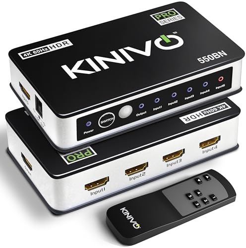 Kinivo HDMI Switch 4K HDR 550BN (5 in 1 Out, 4K 60Hz HDR, HDMI 2.0, High Speed 18Gbps, IR Remote, HDCP) - Compatible with PS5, Xbox, Nintendo Switch, Cable Box