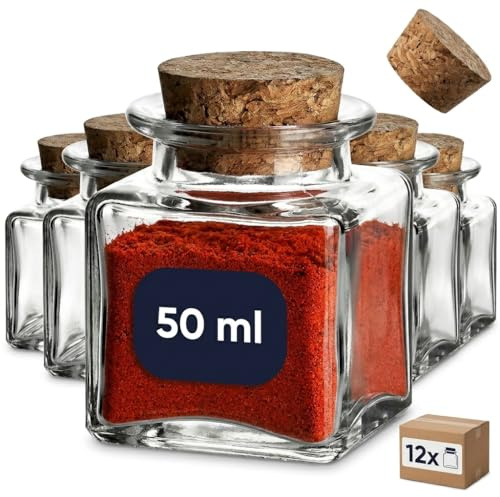 gouveo 12er Set Gewürzgläser 50 ml (0,05 l) Gewürzglas 50 ml eckig/quadratisch mit Presskorken Presskorken-Steckverschluss, Klarglas Mini Vorratsgläser für Gewürze, Kräuter, Tee, Kleinteile (KGE050)