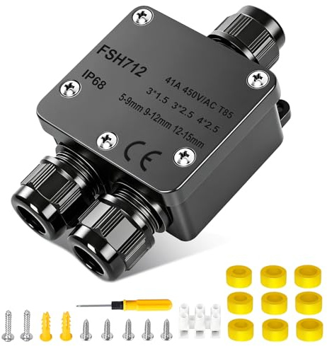 IP68 Wasserdichte Abzweigdose 3-Wege, Erdkabel Verteilerdose Außen für Garten & Outdoor, UV-beständiger Kabelverbinder Ø 5-15mm, Anschlussdose für Außenbeleuchtung & Teichpumpe, Schwarz (1 Stück)