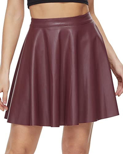 Fahsyee Faux Leather Skater Skirt, Women's Pleated Flare Mini A-line Vegan Tennis Skirts High Waist Casual Plus Size XL Red