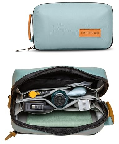 Tech Bag Organizer – Kleine Elektronik-Organizer-Tasche für Reisen – Premium-Reisetasche mit Lederakzenten – Netztasche für Kabel, Kabel und Ladegeräte (Dusty Teal)