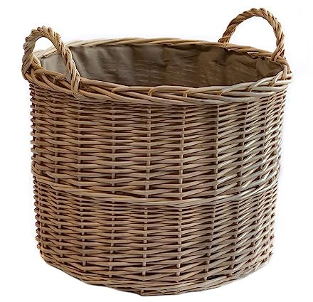 Arthur Cameron Deluxe Circular Wicker Log Basket with Handles & Lining - Large Wicker Storage Basket, Round Log Basket, Round Basket (Large, Antique Wash)
