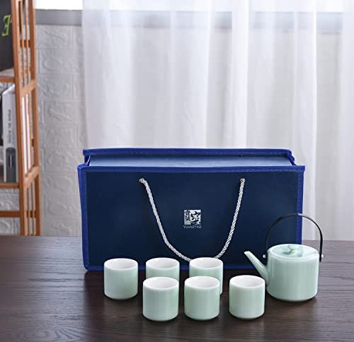BEZAX Feines Keramik-Teekannen-Set, Chinesische Talg-Jade-Teekanne aus weißem Porzellan mit 6 Tassen, Blooming & Loose Leaf Teekessel - 8,4 oz,Cyan