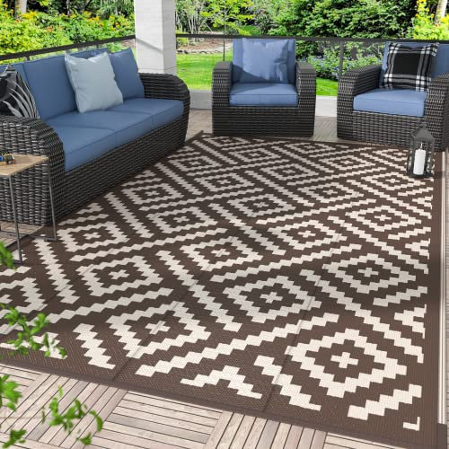 GENIMO 12.7x20.3 cm Outdoor-Teppich, wasserdicht, wendbare Matten, Outdoor-Teppich, Kunststoff-Außenteppich, geometrische Wohnmobil-Matte für Terrasse, Veranda, Strandanhänger (Braun und Beige)