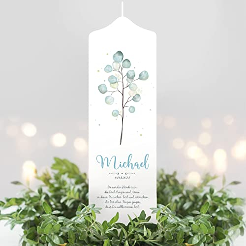 Wandtattoo Loft Taufkerze + Patenkerze Junge Motiv Eukalyptus, 25cm x 7cm, personalisierte Kerze, bedruckte Kerze zur Taufe, Stumpenkerze, individuelles Taufgeschenk