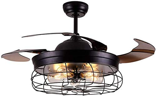 HWSY Retro Ceiling Fan Lamp Loft Industrial Fan Chandelier Vintage Ceiling Fan with Light Retro American Restaurant With Fan Silent Household LED Remote Control Wooden Leaf Fan Light Interesting