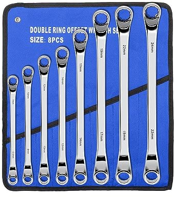 Satz gekröpfter Ringschlüssel, Chrom-Vanadium-Stahl, metrisch, 45 Grad, lange Doppelringschlüssel mit Rollbeutel, 8-teiliges Set B