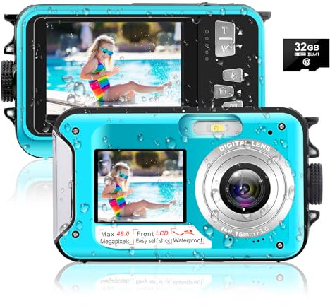 Appareil photo numérique étanche de 3 m 2,7 K 48 MP - Zoom 16x - Compact et portable - Double écran - Caméra sous-marine pour plongée avec tuba et vacances