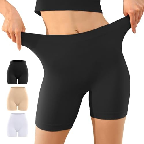 YouShow Cykelbyxor, dam, 3-pack, hög midja, kalsonger med korta ben, boxershorts under klänning, kjol, anti-skavning, korta leggings, Svart + beige + vit, L