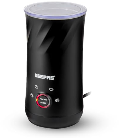 Geepas 500W 4 in 1 Electric Milk Frother and Steamer – 300ml Automatic Frother with 4 Functions LED Light, Auto Shut Off Non-Stick Coated Boiler for Chocolate Milk, Coffee, Latte & Cappuccino, Black
