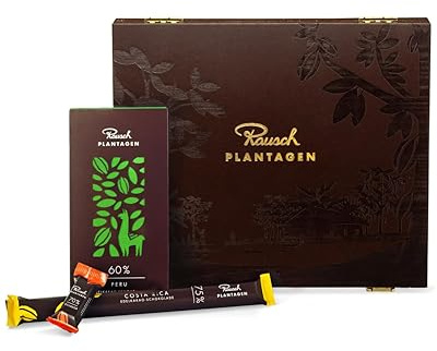 Rausch Plantagen Holz Schatulle Schokolade – Holz Schachtel gefüllt mit 21 Minis, 8 Sticks und 3 Tafeln Edelschokolade – Schokolade aus aller Welt – Schokoladen Geschenkset