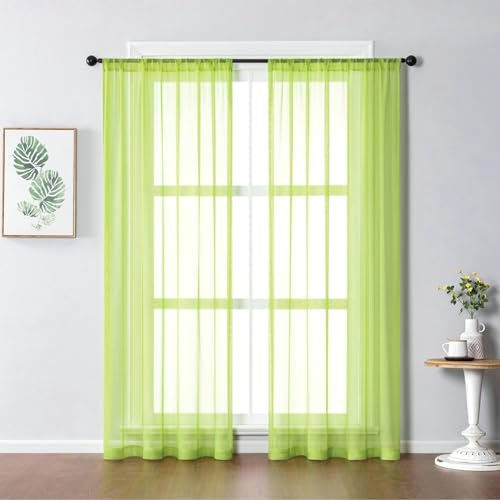 Bishilin Vorhänge Lichtdurchlässig Grün, Gardinen mit Stangendurchzug 2er Set 132x115CM Nordisch Einfarbig Gardinen Halbtransparent Küche Wohnzimmer