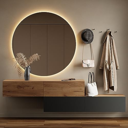 Planetmöbel Flurgarderobe 2X 160 cm | Spiegel rund mit Beleuchtung 100 cm, Gold Eiche - Anthrazit/Gold Eiche, Flur Möbel mit Spiegel, 2x 37,8T x 160B x 32,5H cm