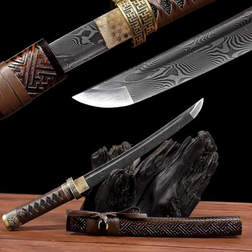 KWXPW 54 cm großes handgefertigtes Wakizashi丨Klappbare,geschmiedete,gemusterte Stahlklinge丨Holzscheide mit geschnitztem Muster丨real Samurai-Schwert zur Präsentation,Sammlung,Geschenk,Cosplay