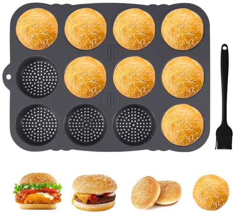 FTNESGYM Molde para hamburguesas, molde para hornear con 12 cavidades para hacer deslizadores y pequeños panecillos, molde de silicona para pan con cepillo para untar antiadherente y resistente al