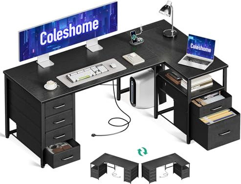 Coleshome L Shaped Computer Desk with 6 Drawers & Power Outlet, 140×80cm
