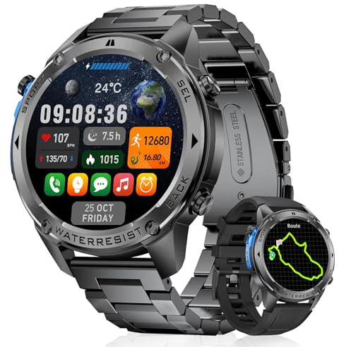 BRUBOSES GPS Smart Watch for Men Military Rugged Smartwatches,Compass,50M Waterproof, 500mAh Large Battery,Answer/Make Call, 1.43 AMOLED Screen, Compatible for Android iOS (2 Bands) Black