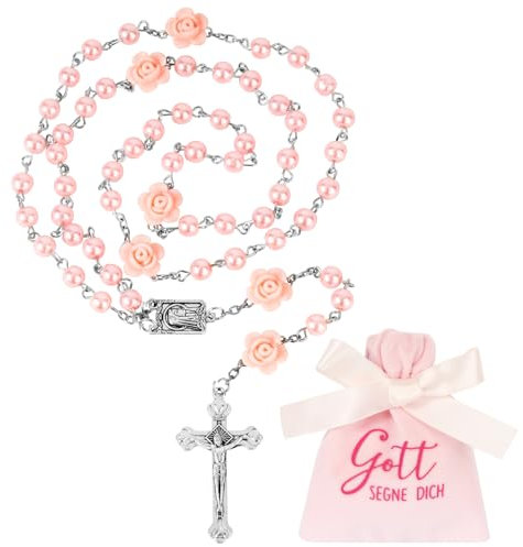 BOOMTOP Rosenkranz Halskette Katholisch Kreuz Gebetskette Damen Rosenkranz Kette Lang Taufgeschenk Mädchen Rosa mit Gott Segne Dich Stoffbeutel für Heilige Kommunion Taufe Konfirmation Geburtstag