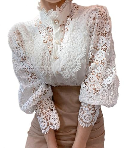Women Lace Tops Elegant Ruffle Blouse 3/4 Sleeve Vintage Victorian Blouse Stand Collar Tunic Tops Casual Hollow Out Flower Patchwork Button Down Lace Shirts White, XXL