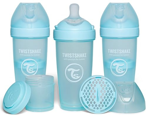Twistshake 3x Pro Double Anti-Kolik Babyflasche mit Milchpulverbehälter - 330 ml | Brustähnliche Brustwarze aus Silikon mit schnellem Durchfluss | BPA-freie | Geeignet für Babys ab 4m+ | Blau