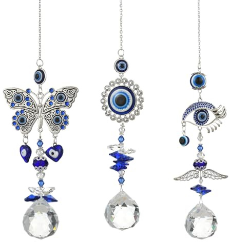 Stiesy 3Pcs Evil Eye Butterfly Suncatcher Hanging Charms - Mixed Color Alloy & Glass Suncatchers Round Glass Wind Decor for Outdoor Garden, Patio, Wall Art