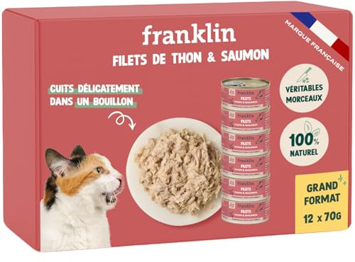 FRANKLIN – Nourriture Humide pour Chat – Filet Thon et Saumon cuit au Bouillon – 100% Naturel, sans Additifs – Texture Savoureuse – Riche en Protéines – Faible en Calories – Lot 12 x 70g
