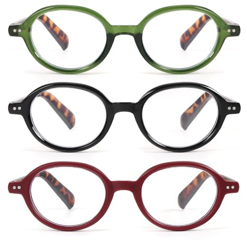 kollyseek 3pack Occhiali da lettura per le donne e gli uomini Retro Round Spring Zipper Occhiali di design2.0 Verde, rosso, nero