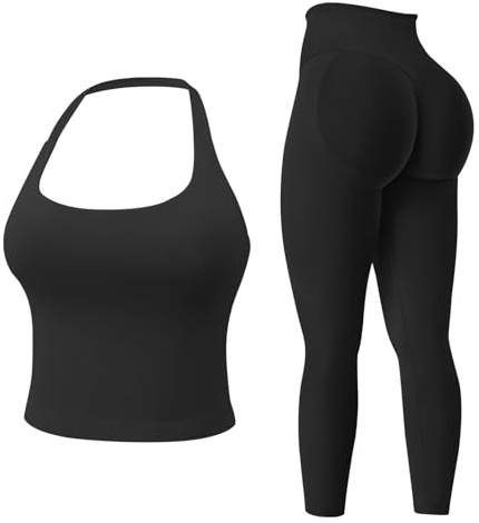 MAYROUND Womens Workout Sets Gym Outfits 2 Pieces Seamless Longline Halter Backless Crop Top Hidden Scrunch Leggings Yoga Tracksuit