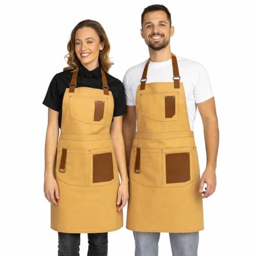 PALLTEX GERARD Köksförkläde män & kvinnor grillförkläde – köksförkläde med fickor och eko-läder – justerbart förkläde för barista, kock, gastronomi och grill, Beige, L/XL