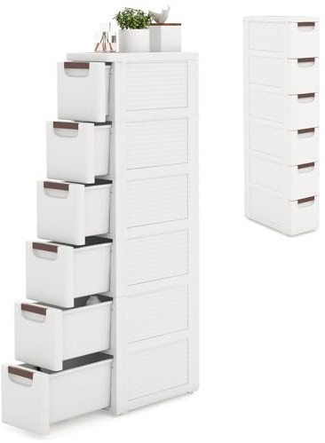 KOMFOTTEU Armario Estrecho con 6 Cajones, Carrito con Ruedas Ahorra Espacio, Estantería Lateral de PP, Mueble de Almacenamiento para Baño, Cocina (6 Cajones, 1 Pieza)