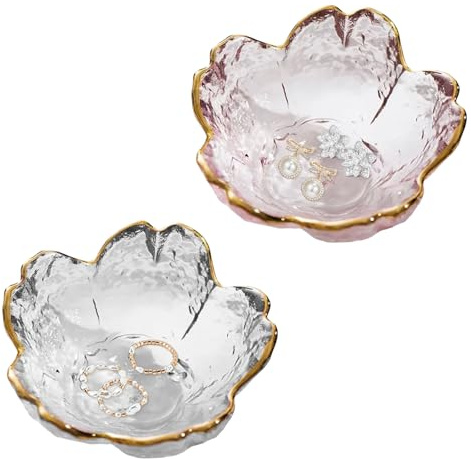 Wrbugukeji Glass Ring Dish, 2 Pcs Flower Jewelry Dish, Small Glass Jewellery Tray Flower Jewellery Tray Clear Small Trinket Holder Gifts for Women Wife Mom Daughter (Pink, White)