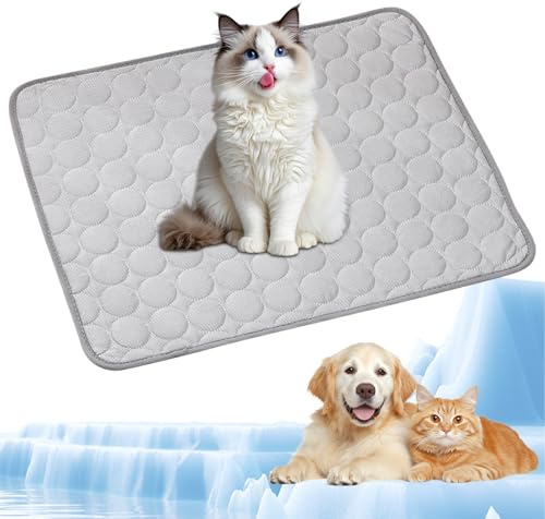 Haustier Kühlmatte, Selbstkühlende Hundematte, Kühldecke Katzen mit Kühlendes Gewebe, Ungiftig Kühlkissen für Haustiere, Waschbar Hund Kältematte für Zuhause, im Freien und im Auto, 70x55cm, L, Grau