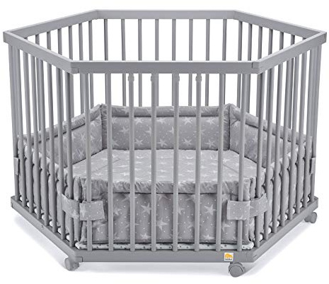 FabiMax Baby Laufgitter 6-eck Grau lackiert, stufenlos höhenverstellbar, mit Schlupfsprossen, Laufstall aus massivem Buchenholz (Weiße Sterne)