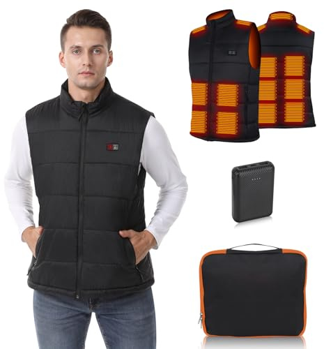 Glifetoy Gilet Riscaldato Uomo, 15 Zone Riscaldanti Giubbotto Riscaldato con Powerbank, Giubbotto Riscaldabile con Caricatore Portatile 12000mAh ＆ 3 Livelli di Temperatura, per Sci e Campeggio