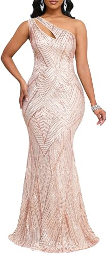 VERWIN Paljetter mode ärmlös sned krage sjöjungfru dam maxiklänning bodycon klänning festklänning, Champagne, XXL