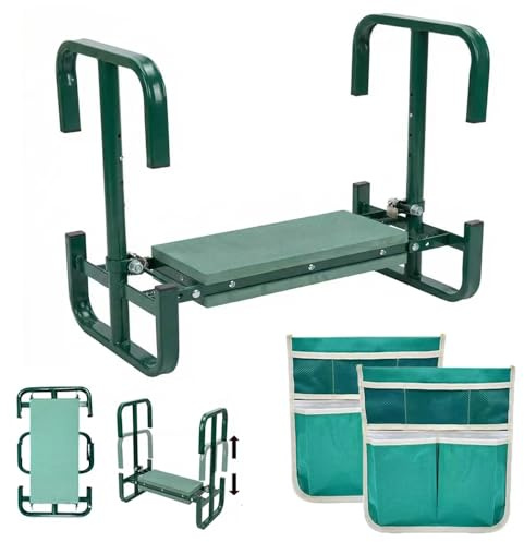 RURIZHONGTIAN Sgabello da giardino pieghevole al ginocchio, altezza regolabile, 60 x 52 x 27 cm, con supporto per alzarsi, borsa degli attrezzi, tappetino in schiuma EVA, per giardinaggio, pesca