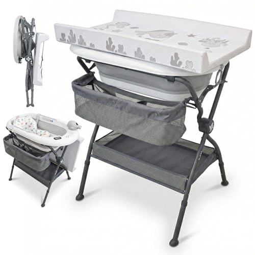 Twinly Bubbly – Faltbare 2-in-1 Baby Badewanne und Wickeltisch – Ergonomisch Höhenverstellbar, herausnehmbare Badewanne für Strand und Reisen, Stabiler Stand mit Abfluss, Ideal für kleine Bäder (Grau)