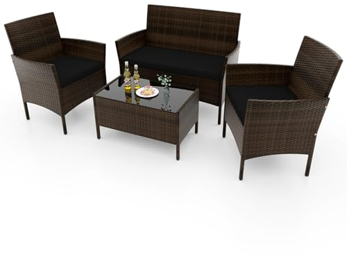 GIANTEX Set med trädgårdsmöbler, 4-delad rotting, balkongmöbler med 2-sitsig soffa, bord och 2 stolar, trädgårdsmöbler med sittdyna för 4 personer, utomhus, sittgrupp för balkong, terrass och trädgård