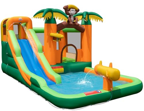 GYMAX Inflatable Water Castle, 7-in-1 Water Park with Slide, Splash Pool, Water Cannon, Climbing Wall & Basketball Hoop, Children Bouncy House for 3-10 Years Old, 460 x 285 x 230cm