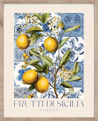 STYLER Bild Sicilia 40 x 50 cm mit Holzrahmen – Zitronenzweig auf Keramikfliesen – Mediterranes Italien Wandbild in Blau Gelb