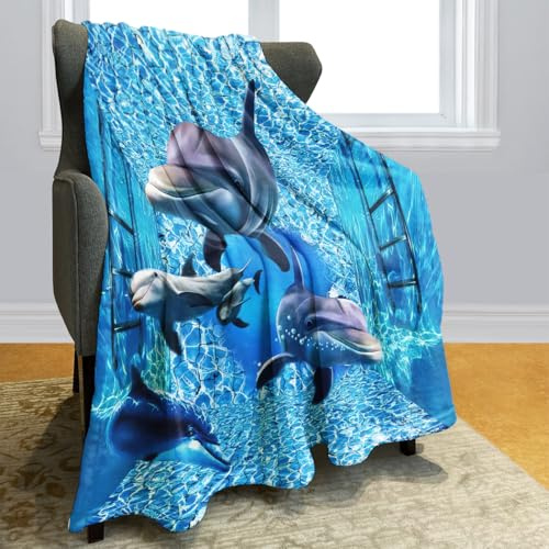 Dick Decke Weich Wärme Gemütlich Flanell-Fleece Sofadecke Deckeldecke 3D Bilder Cute Delfine Wellen Tiere 150 x 200 cm