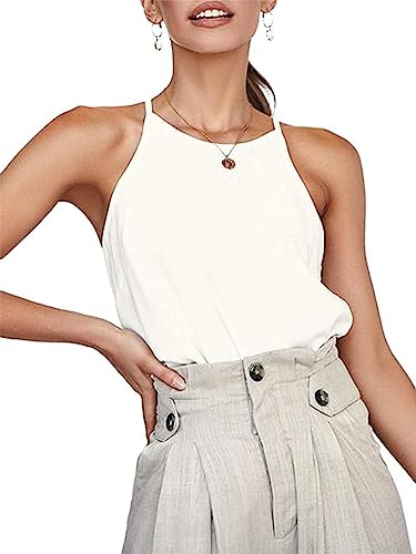 iChunhua - Canotta da donna con scollo a halter, in cotone morbido, estiva, senza maniche, tinta unita, T-shirt Cami, taglie S-XL, bianco, XL