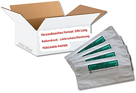 dm-folien Lieferscheintaschen DIN LANG I 1000 Stück I Selbstklebende Versandtaschen mit Balkendruck I Versandunterlagen für Lieferscheine & Rechnungen I Versandzubehör aus Pergamin-Papier in Grün