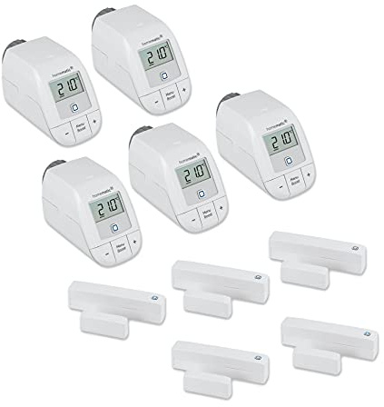 Homematic IP Set Heizen – Easy Connect 5er-Set, Digitale Steuerung für Heizung per App, Alexa, Google Assistant, einfache Installation, Energie sparen, Thermostat und Fenstersensor, 153413A0