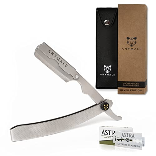 ANYMALE® Silver Edition - Nachhaltiges Rasiermesser + 10 ASTRA Wechselklingen | Herren Set mit Reise-Etui | Bart Rasur für Anfänger & Barber