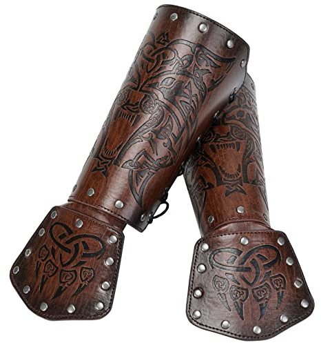 Thajaling Nordische Bekleidungsaccessoires Armschienen, Wikinger-Wolfskopf-Lederarmschienen, LARP-Halloween-Kostüm-Handschuh-Armrüstung, mittelalterliche keltische Knoten-Armschienen