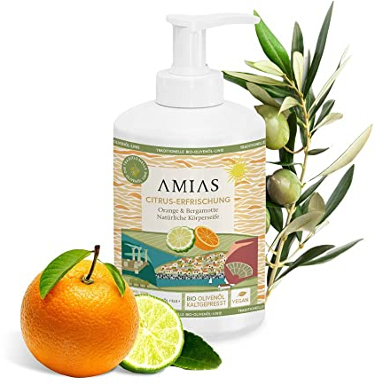 AMIAS - Orange & Bergamotte Duschgel 300ml | Vegan, frei von Palmöl, SLS und Parabenen | 100% natürliche Öle, Bio Olivenöl | ohne Austrocknen, Duschgel Männer, Duschgel Damen